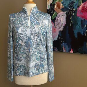 Ace Golf Paisley 1/4 Zip Pullover Long Sleeve Top – Blue/White – Women's Size M